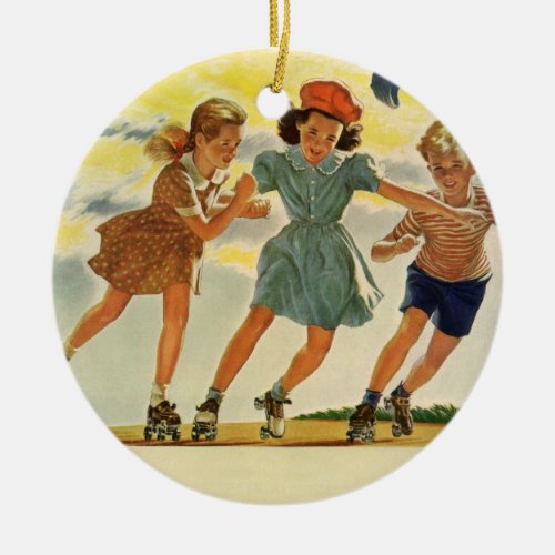 Vintage Children Boys Girls Fun Roller Skating Ceramic Ornament