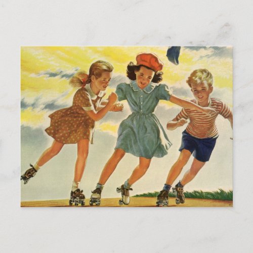 Vintage Children Boys Girls Fun Roller Skating Postcard