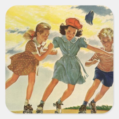 Vintage Children Boys Girls Fun Roller Skating Square Sticker
