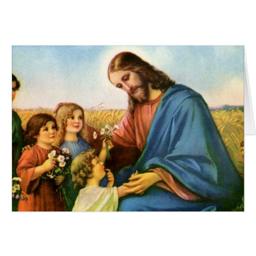 Vintage Children Bring Flowers to Jesus Christ