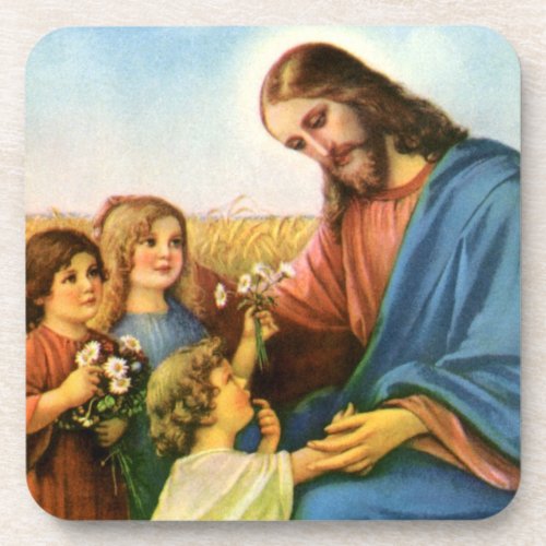 Vintage Children Bring Flowers to Jesus Christ Beverage Coaster