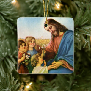 Vintage Children Bring Flowers to Jesus Christ Ceramic Ornament