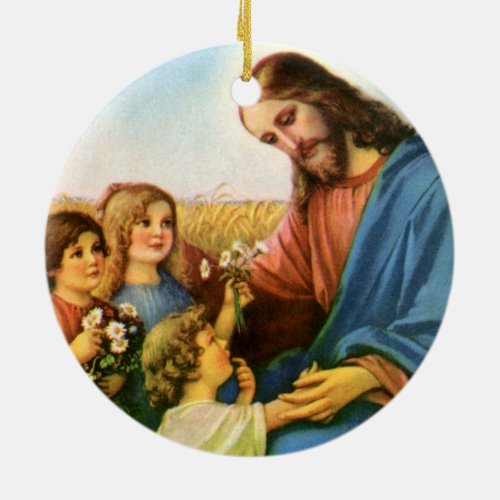 Vintage Children Bring Flowers to Jesus Christ Ceramic Ornament