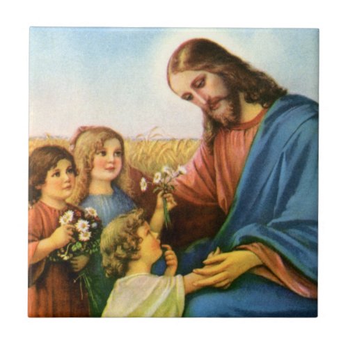 Vintage Children Bring Flowers to Jesus Christ Ceramic Tile