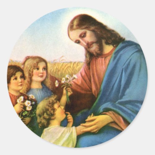 Vintage Children Bring Flowers to Jesus Christ Classic Round Sticker