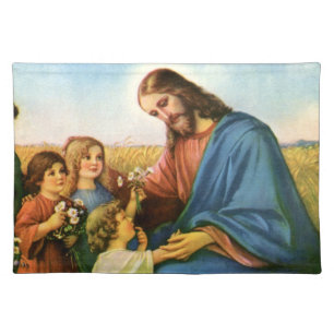 Vintage Children Bring Flowers to Jesus Christ Cloth Placemat