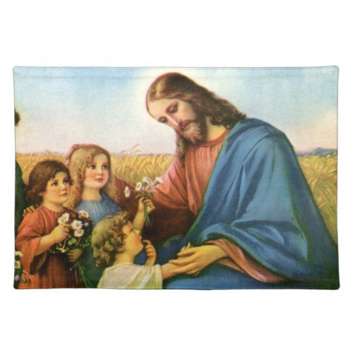 Vintage Children Bring Flowers to Jesus Christ Cloth Placemat
