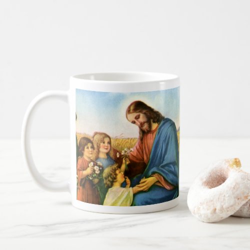 Vintage Children Bring Flowers to Jesus Christ Coffee Mug