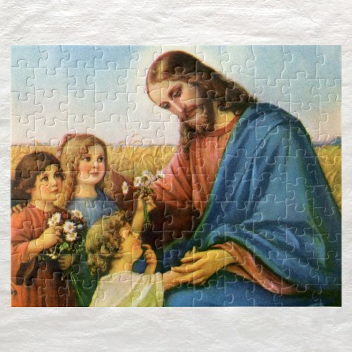 Vintage Children Bring Flowers to Jesus Christ Jigsaw Puzzle