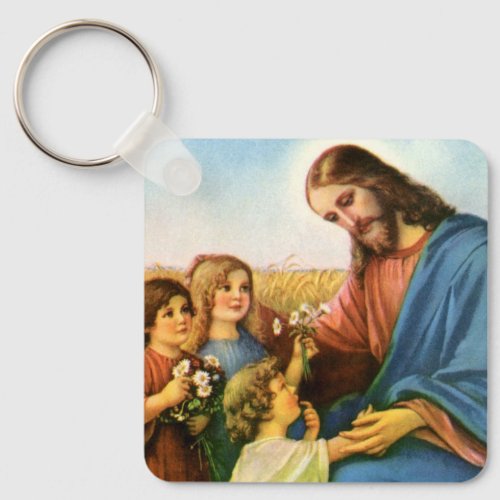 Vintage Children Bring Flowers to Jesus Christ Keychain