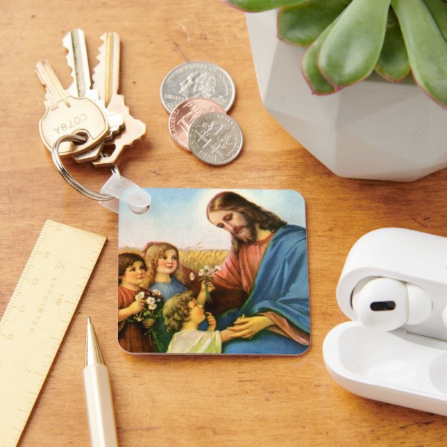 Vintage Children Bring Flowers to Jesus Christ Keychain (Desk)