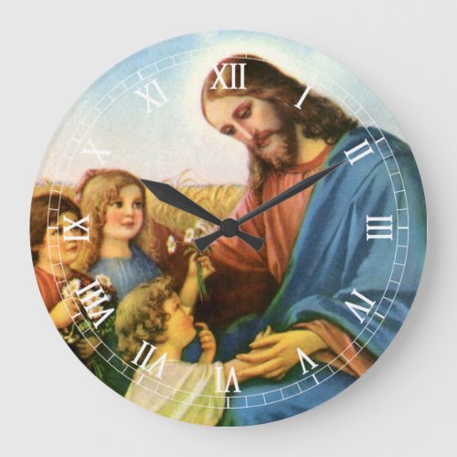 Vintage Children Bring Flowers to Jesus Christ Large Clock