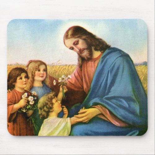 Vintage Children Bring Flowers to Jesus Christ Mouse Pad
