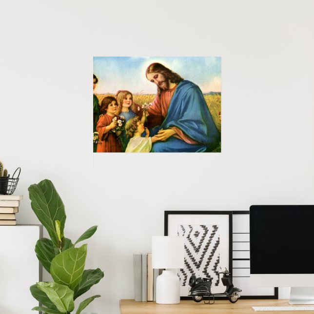 Vintage Children Bring Flowers to Jesus Christ Poster (Home Office)