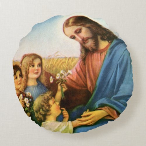 Vintage Children Bring Flowers to Jesus Christ Round Pillow
