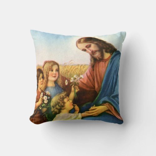 Vintage Children Bring Flowers to Jesus Christ Throw Pillow