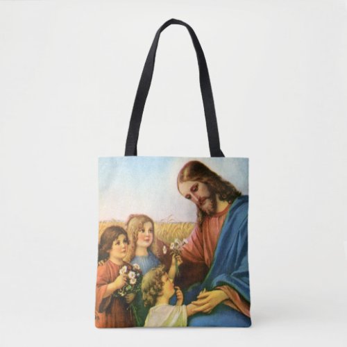 Vintage Children Bring Flowers to Jesus Christ Tote Bag