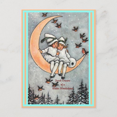 Vintage Children Crescent Moon Winter Snow Birds Postcard