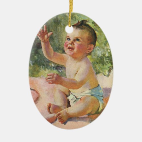 Vintage Children Cute Baby Girl on a Pink Blanket Ceramic Ornament