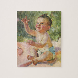 Vintage Children, Cute Baby Girl on a Pink Blanket Jigsaw Puzzle