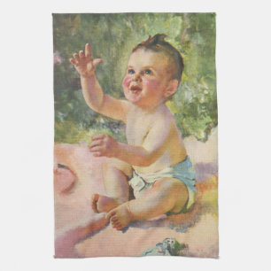 Vintage Children, Cute Baby Girl on a Pink Blanket Kitchen Towel