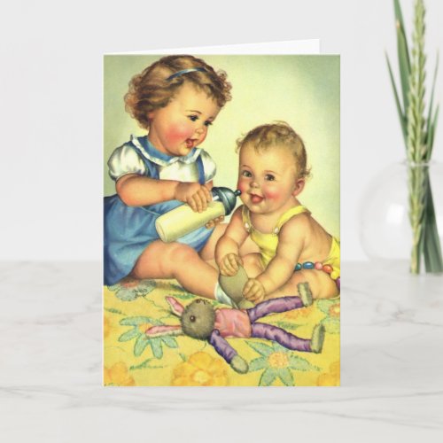 Vintage Children Cute Happy Toddlers Smile Bottle Card