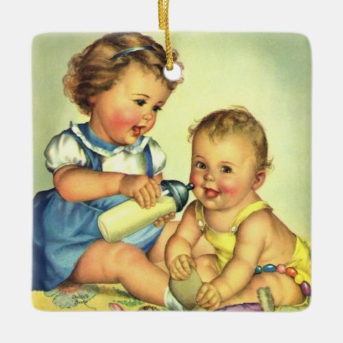 Vintage Children Cute Happy Toddlers Smile Bottle Ceramic Ornament