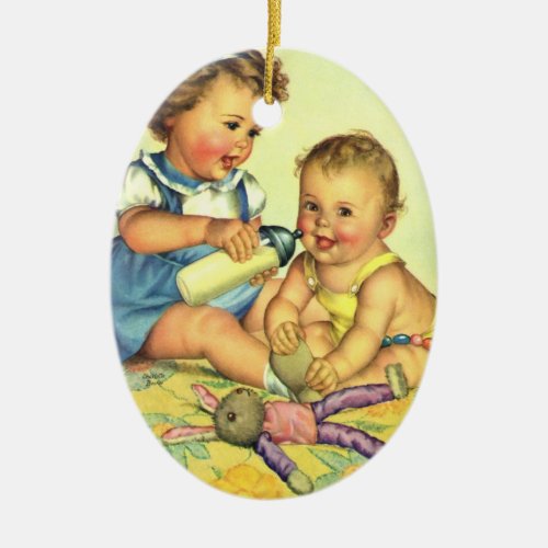 Vintage Children Cute Happy Toddlers Smile Bottle Ceramic Ornament