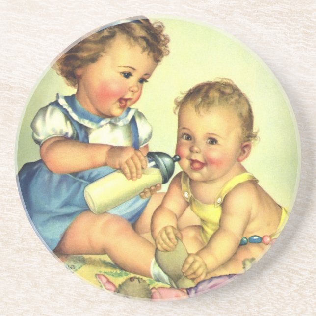 Vintage Children, Cute Happy Toddlers Smile Bottle Coaster (Front)