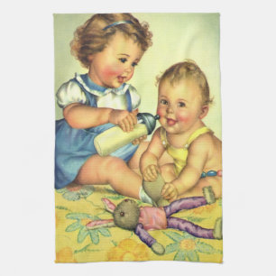 Vintage Children, Cute Happy Toddlers Smile Bottle Kitchen Towel