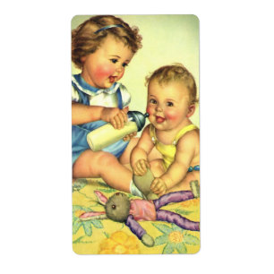Vintage Children, Cute Happy Toddlers Smile Bottle Label