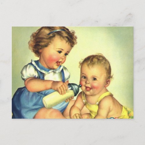 Vintage Children Cute Happy Toddlers Smile Bottle Postcard