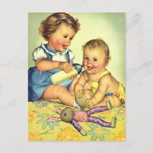 Vintage Children Cute Happy Toddlers Smile Bottle Postcard