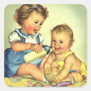 Vintage Children, Cute Happy Toddlers Smile Bottle Square Sticker