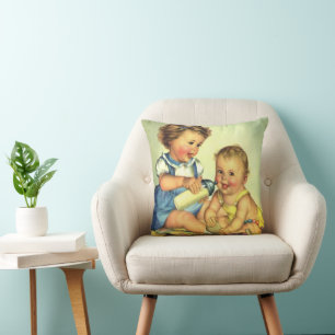 Vintage Children, Cute Happy Toddlers Smile Bottle Throw Pillow