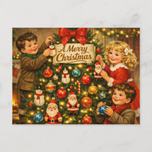 Vintage Children Decorating Christmas Tree Holiday Postcard