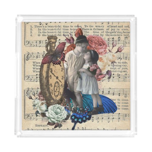 Vintage Children  Floral Collage  Acrylic Tray