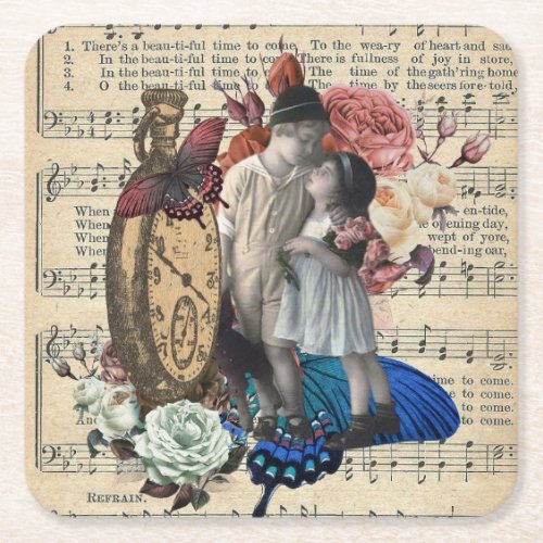 Vintage Children  Floral Collage  Square Paper Coaster