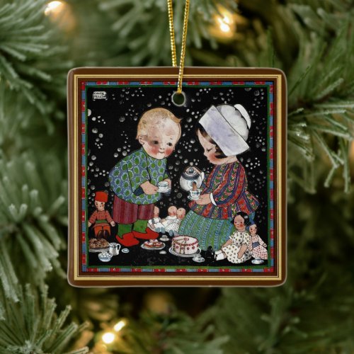 Vintage Children Having a Pretend Tea Party Ceramic Ornament