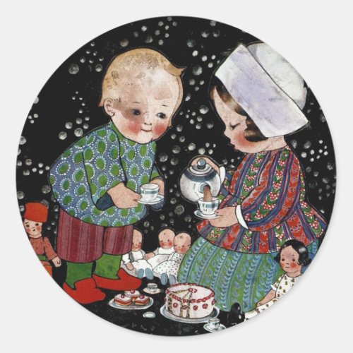 Vintage Children Having a Pretend Tea Party Classic Round Sticker