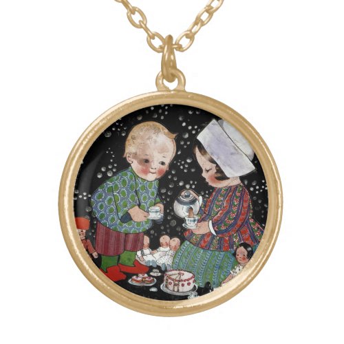 Vintage Children Having a Pretend Tea Party Gold Plated Necklace