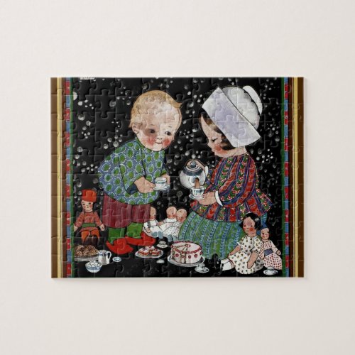 Vintage Children Having a Pretend Tea Party Jigsaw Puzzle