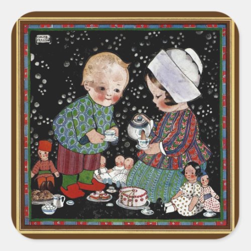 Vintage Children Having a Pretend Tea Party Square Sticker