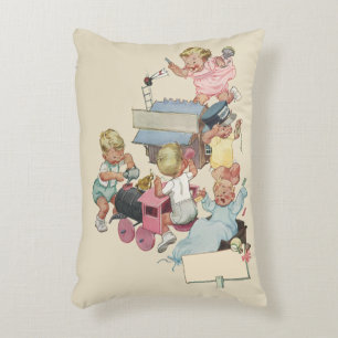 Vintage Children Having Fun Playing w Toy Trains Accent Pillow