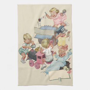 Vintage Children Having Fun Playing w Toy Trains Kitchen Towel