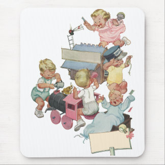 Vintage Children Having Fun Playing w Toy Trains Mouse Pad