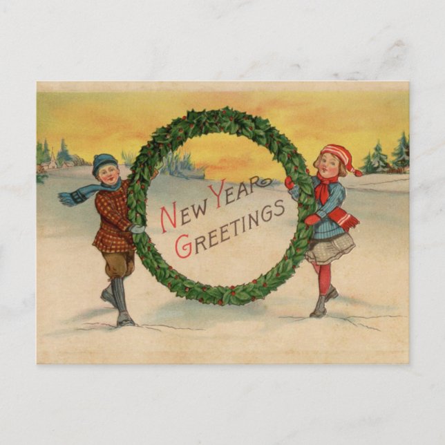 Vintage Children Holding Wreath Happy New Year Postcard (Front)