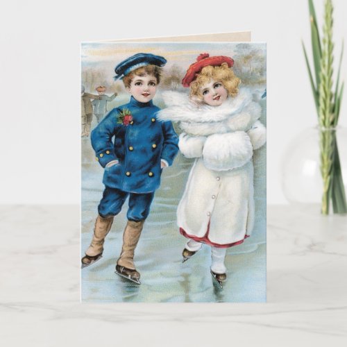 Vintage Children Ice Skating Holiday Card