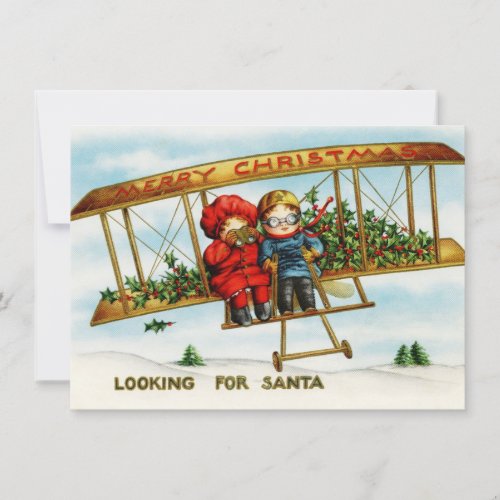 Vintage Children In a Plane Looking For Santa Holiday Card