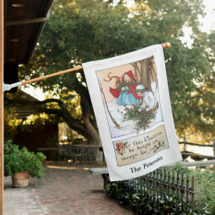 Vintage Children in Snow with Christmas Holly House Flag